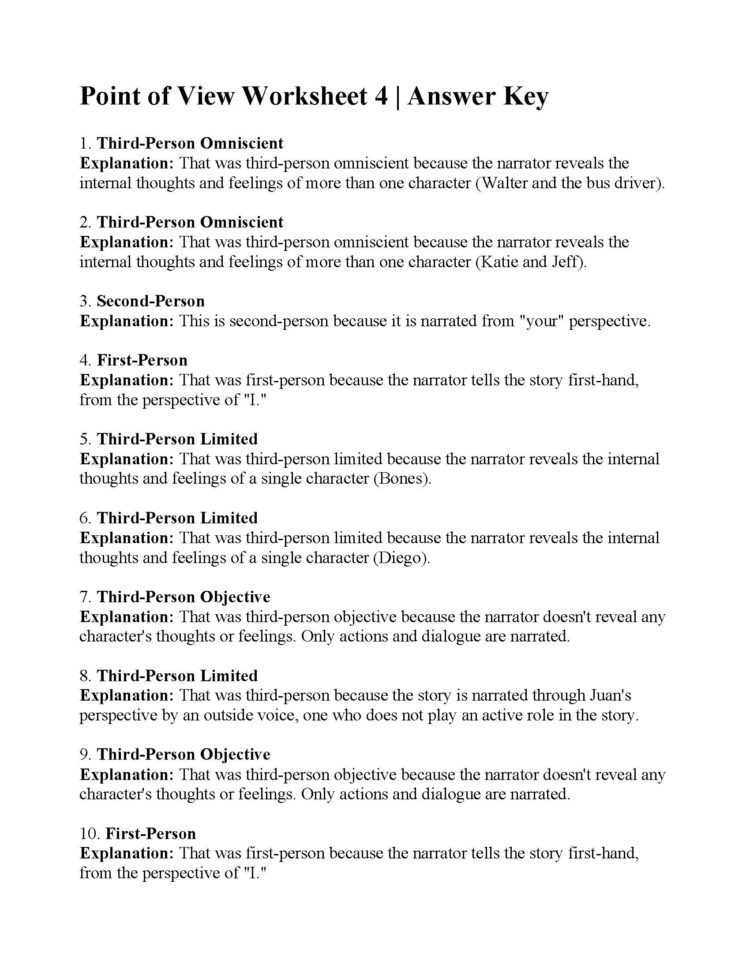 Point Of View Worksheet 4  Answers Point Of View Worksheet 4  Answers