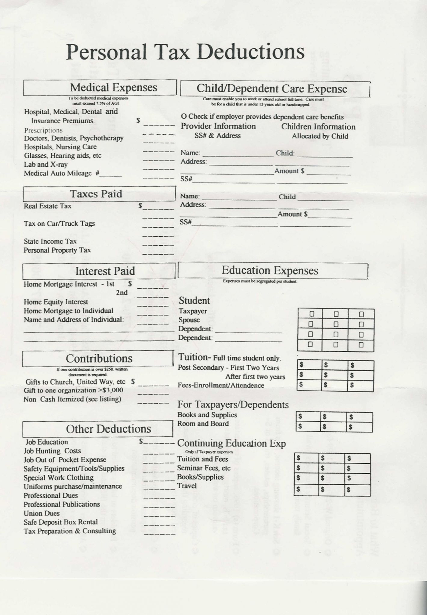 Tax Deduction Worksheet Template