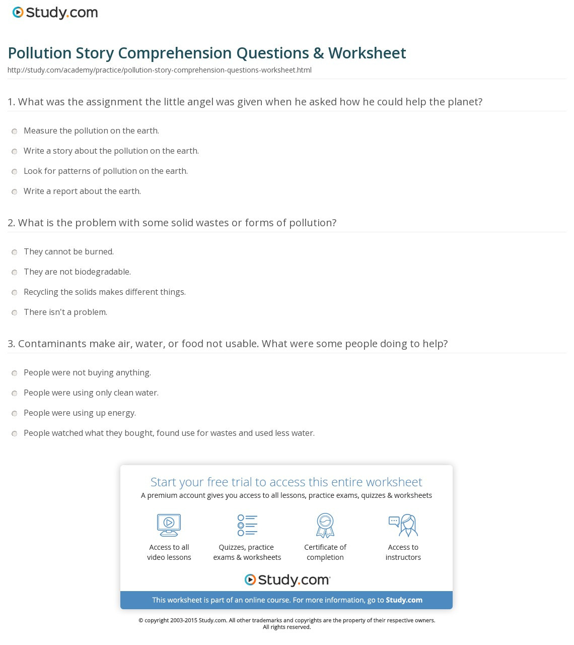 Pollution Story Comprehension Questions  Worksheet  Study