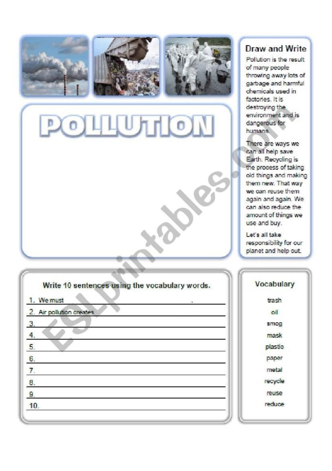 Pollution Write And Draw Activity  Esl Worksheetcbenglish