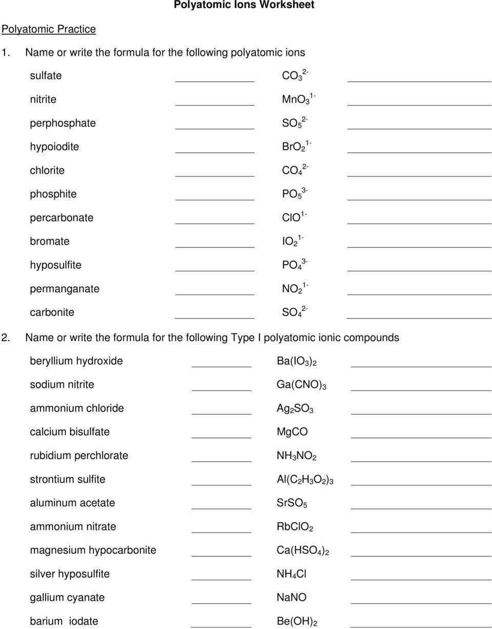 Polyatomic Ions Worksheet 2 Name Or Write The Formula For