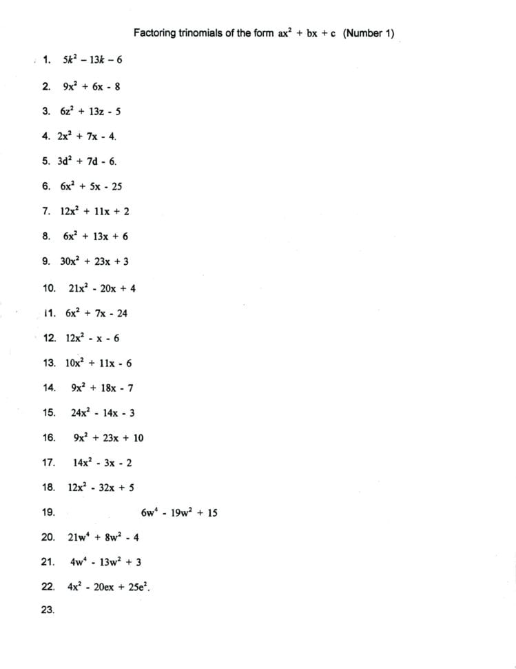 factoring trinomials worksheet algebra 1 answers