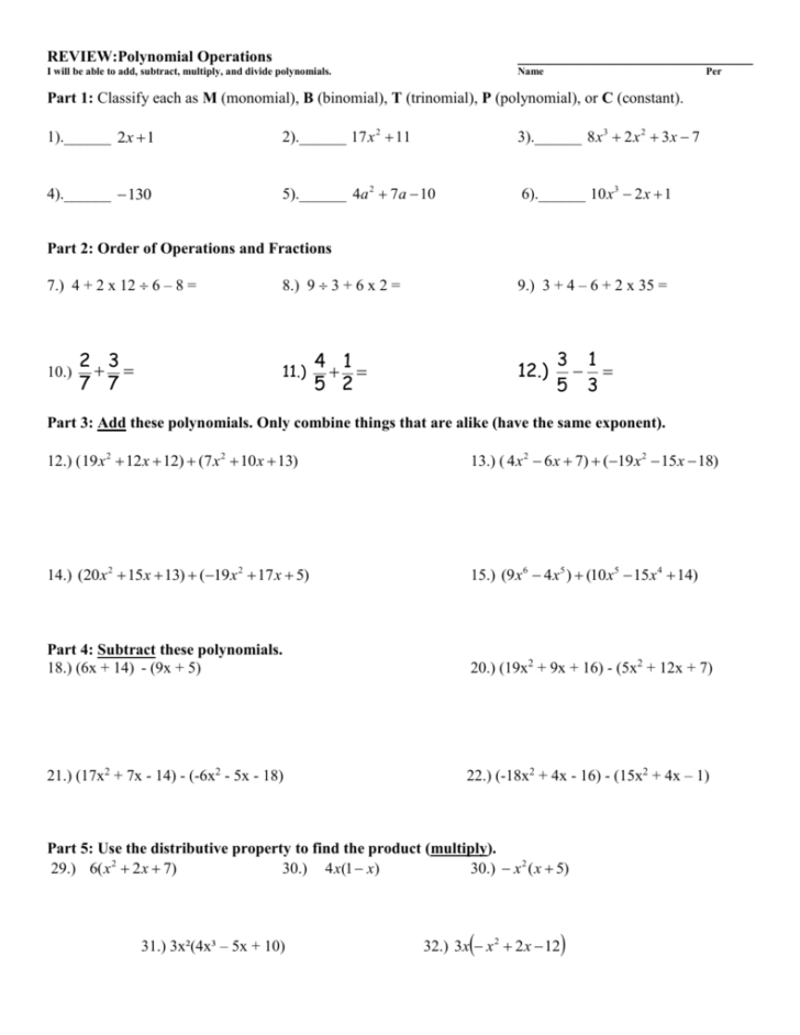 Polynomial Addition And Multiplication Worksheet