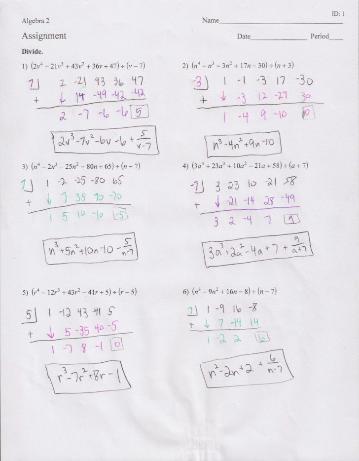 Dividing Polynomials Long And Synthetic Division Worksheet Answers Db