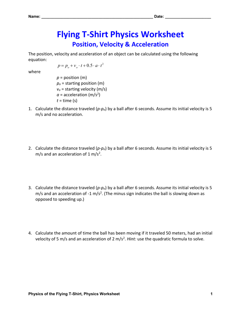 Position Velocity  Acceleration Physics Worksheet