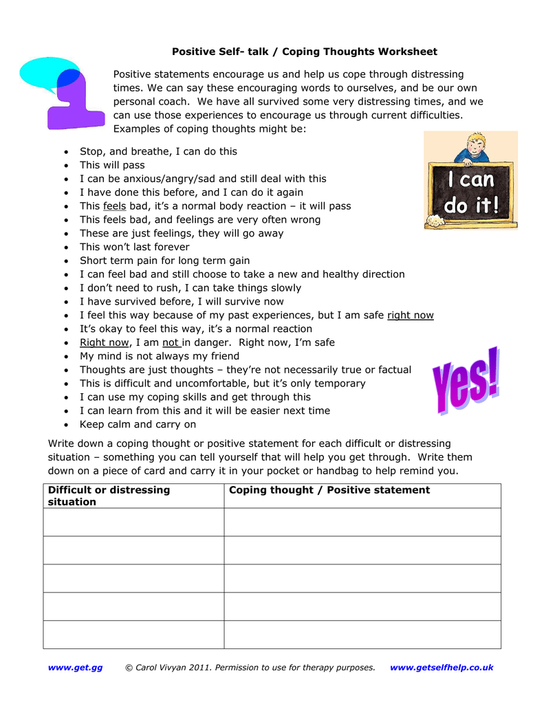 Positive Self Talk  Coping Thoughts Worksheet