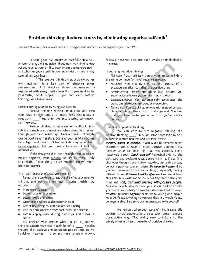 Positive Thinking Reduce Stresseliminating Negative