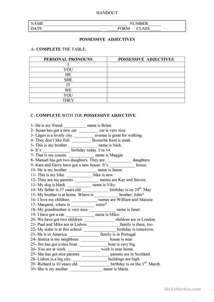 Possessive Adjectives  English Esl Worksheets