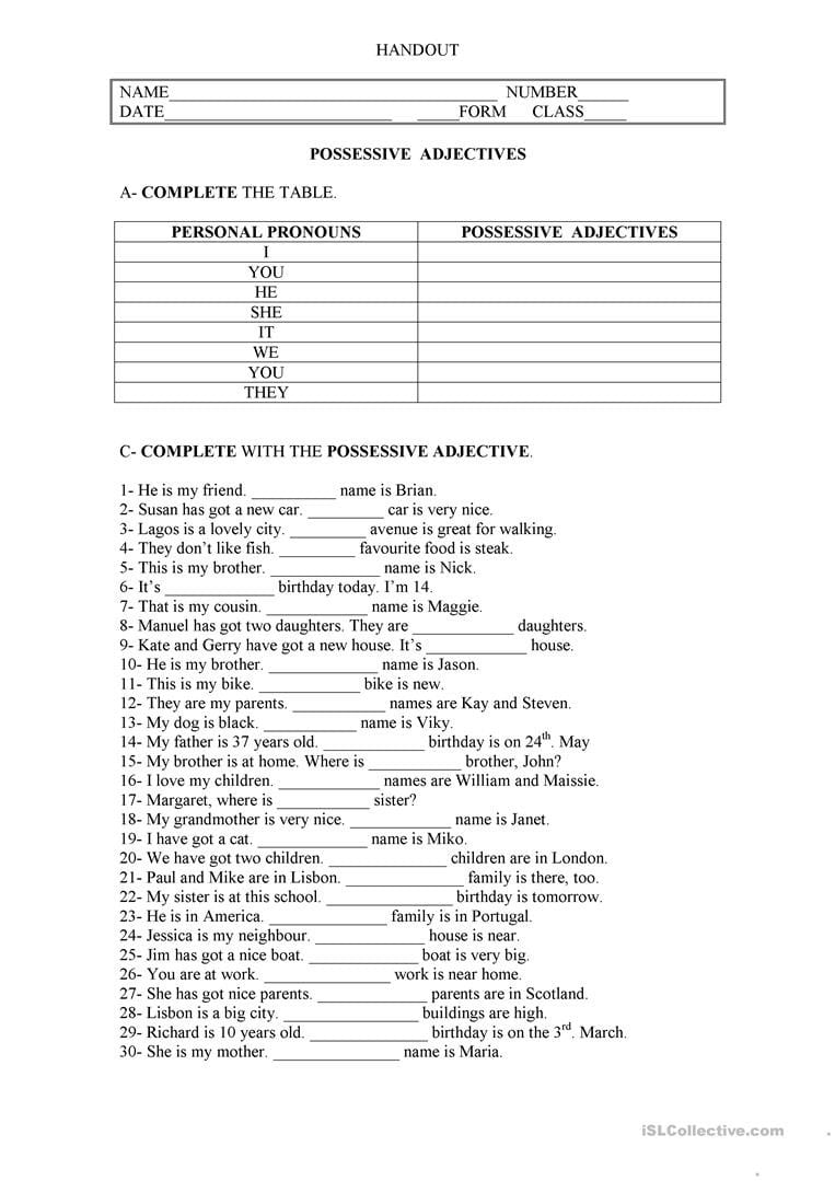 Possessive Adjectives  English Esl Worksheets