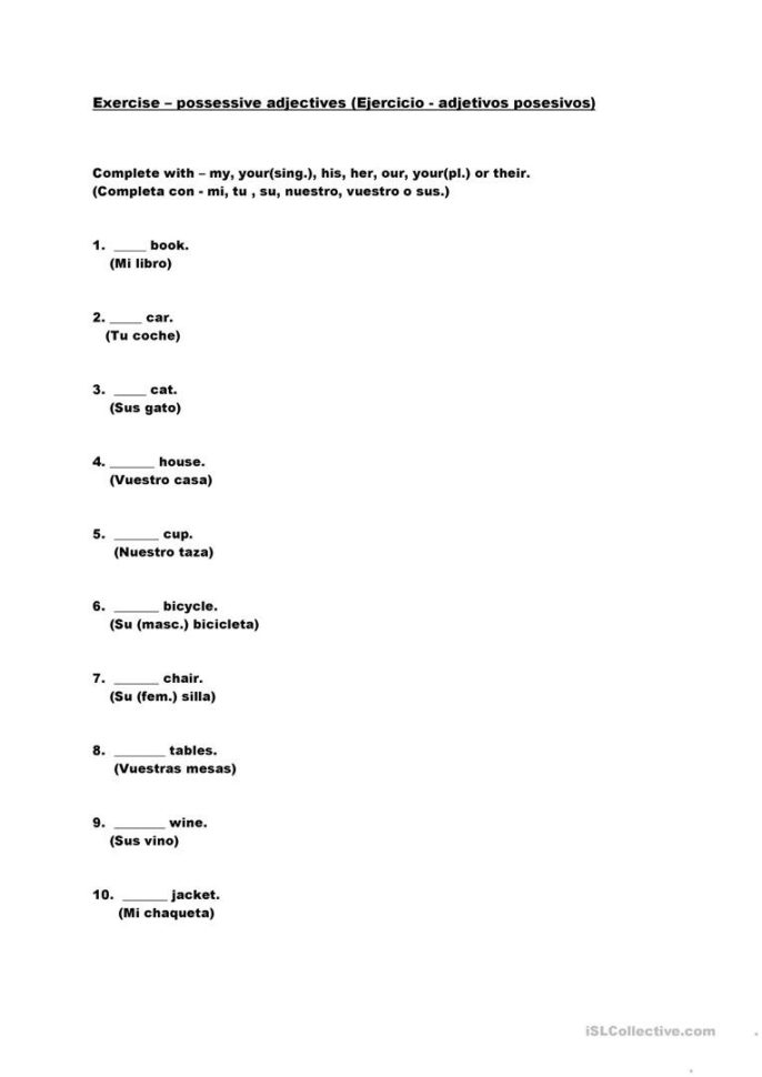 Possessive Adjectives  For Spanish Speakers  English Esl