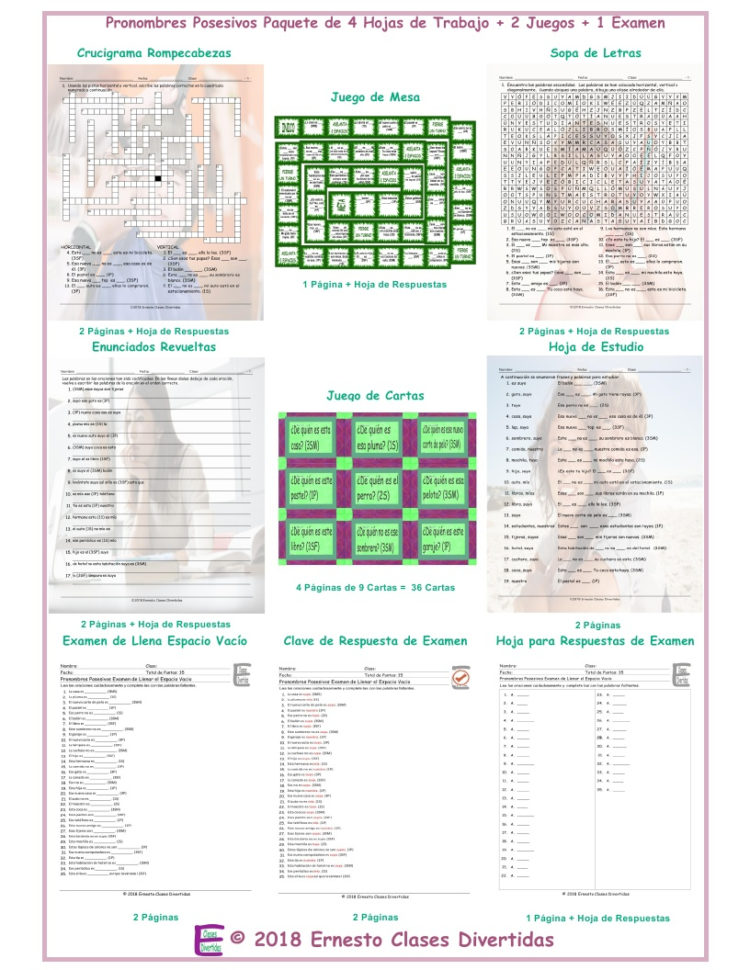 Possessive Pronouns Spanish 4 Worksheet2 Game1 Exam Bundle