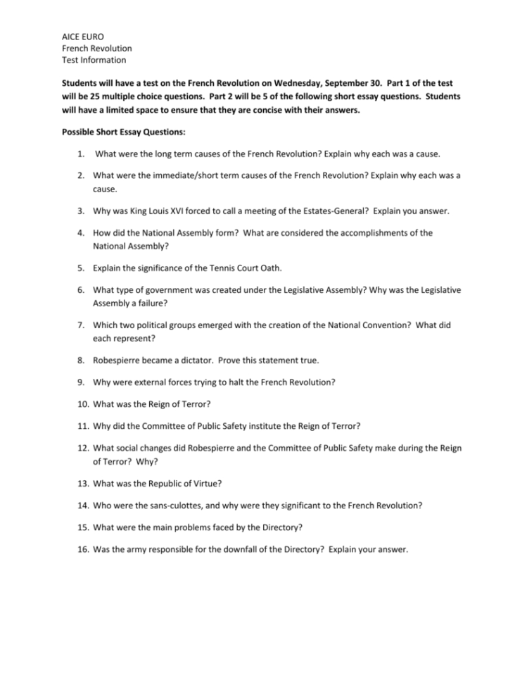 Possible Short Essay Questions