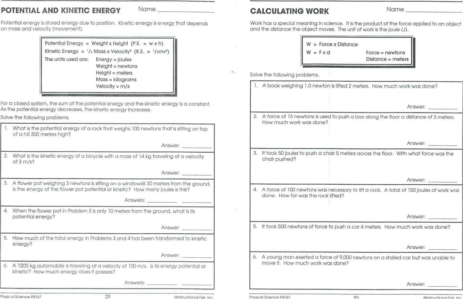 Potential Versus Kinetic Energy Worksheet