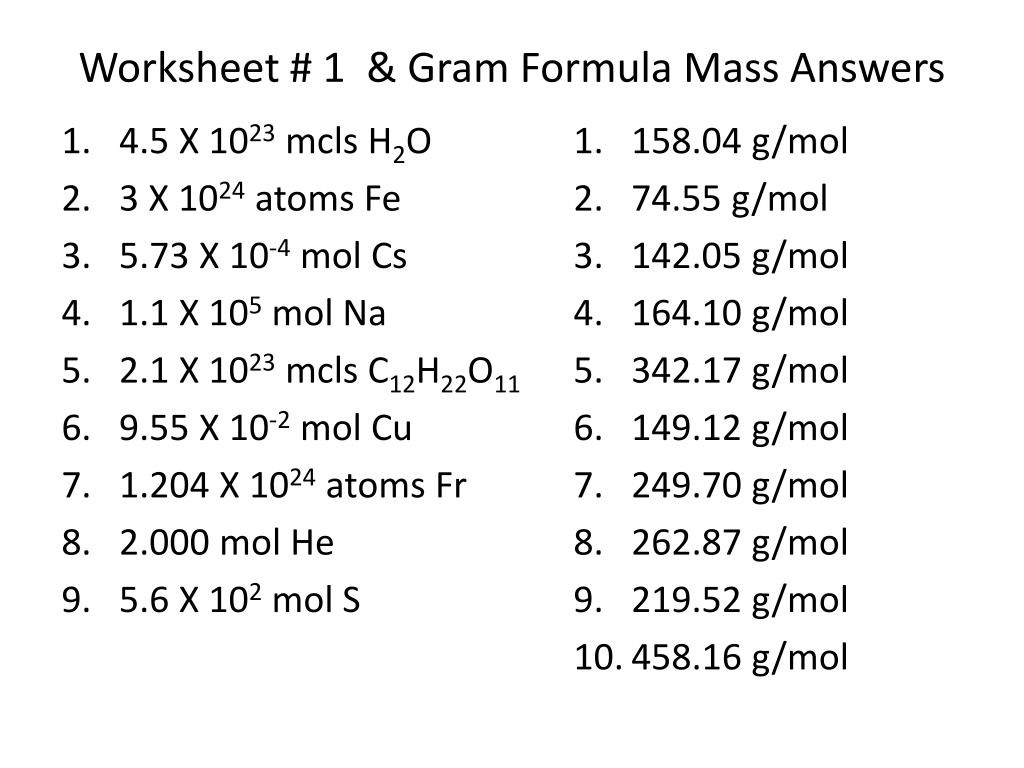 Ppt  Worksheet  1  Gram Formula Mass Answers Powerpoint