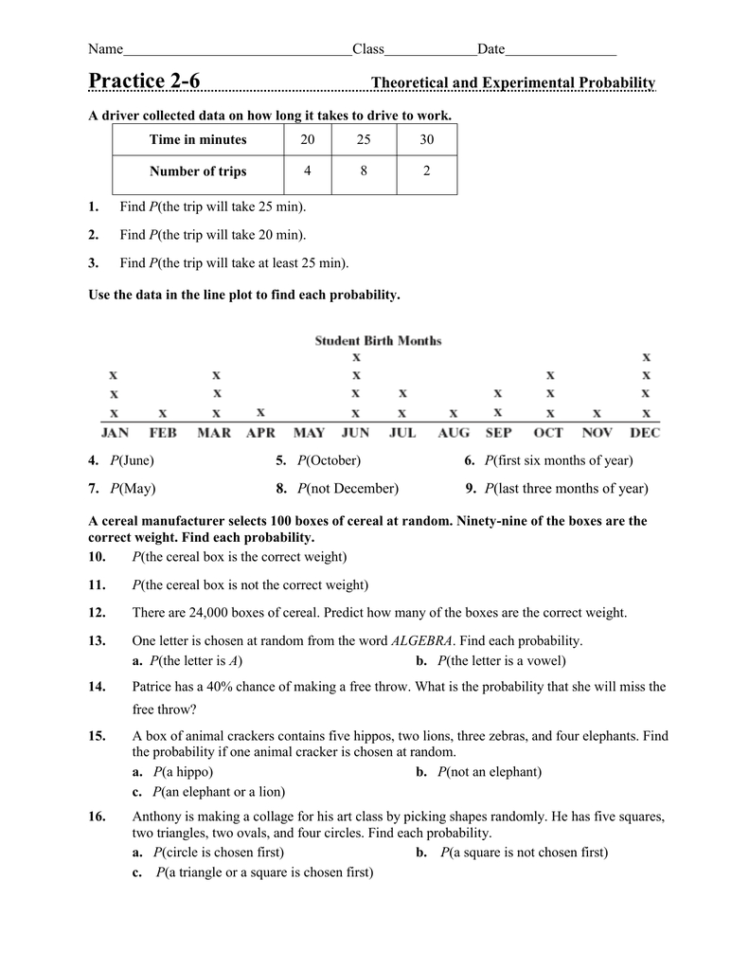 Practice 26 Theoretical And Experimental Probability Name Class