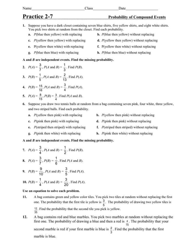 Practice 27 Probability Of Compound Events Name