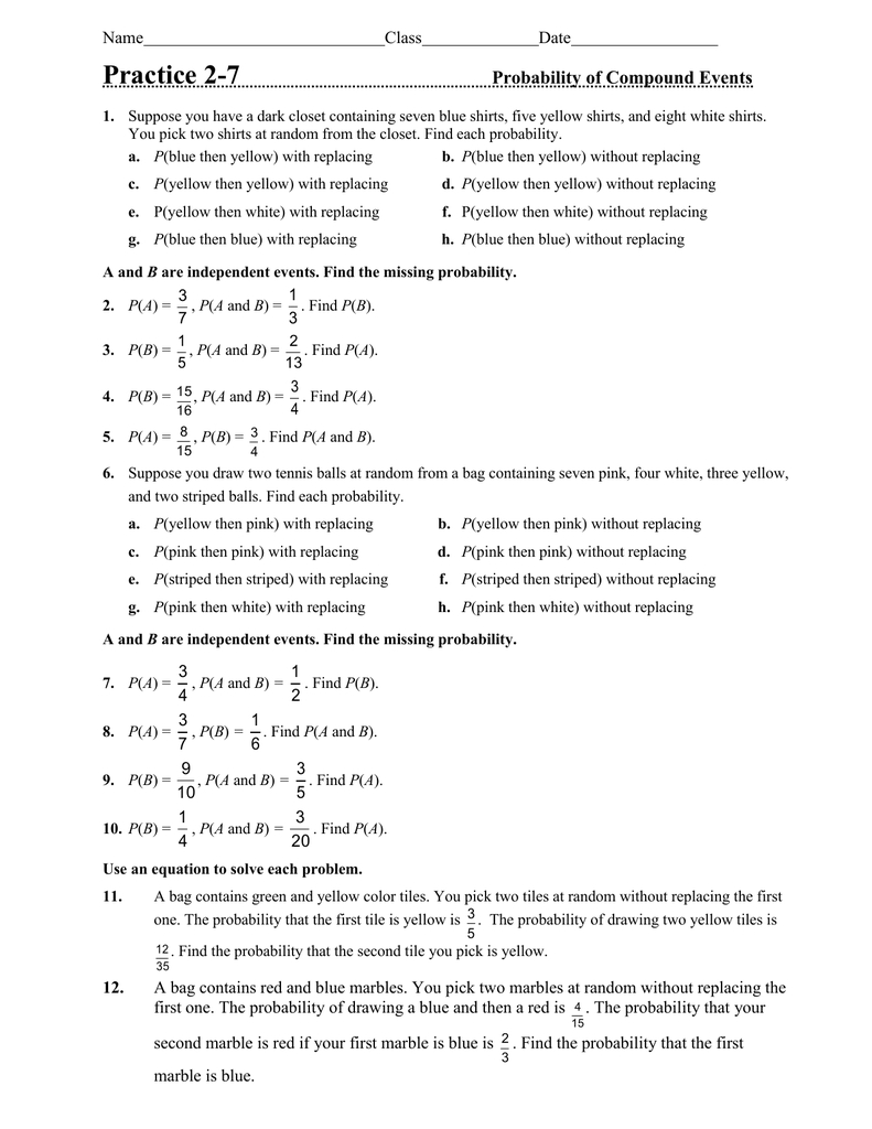 Practice 27 Probability Of Compound Events Name