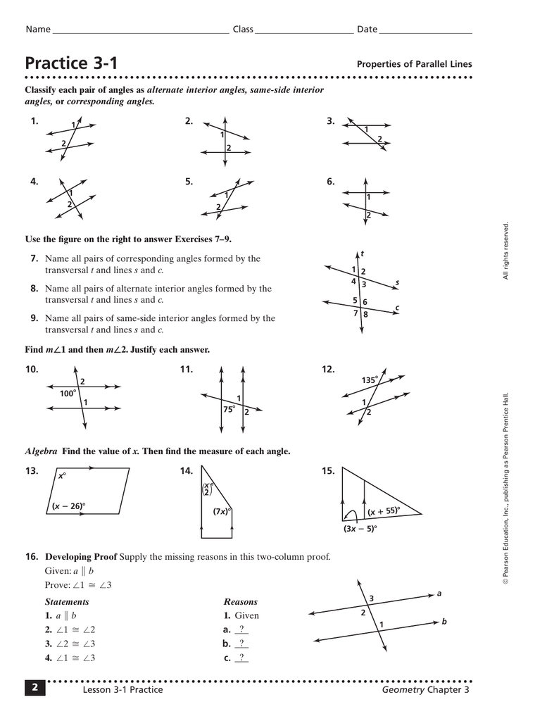 Worksheet Section 3 2 Angles And Parallel Lines Answer Key