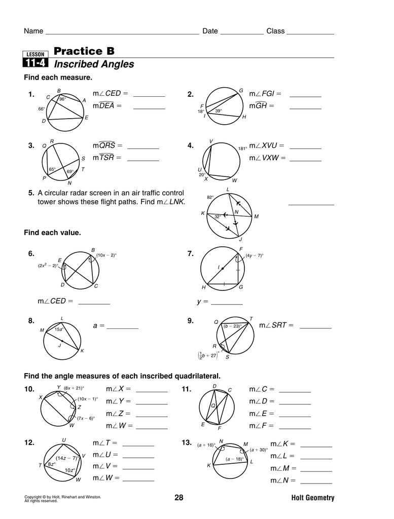 9 4 Practice Worksheet Inscribed Angles | db-excel.com