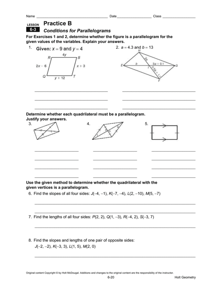 Practice B Conditions For Parallelograms