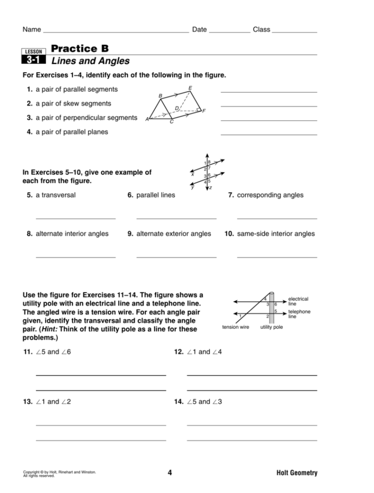 Practice B Lines And Angles 31