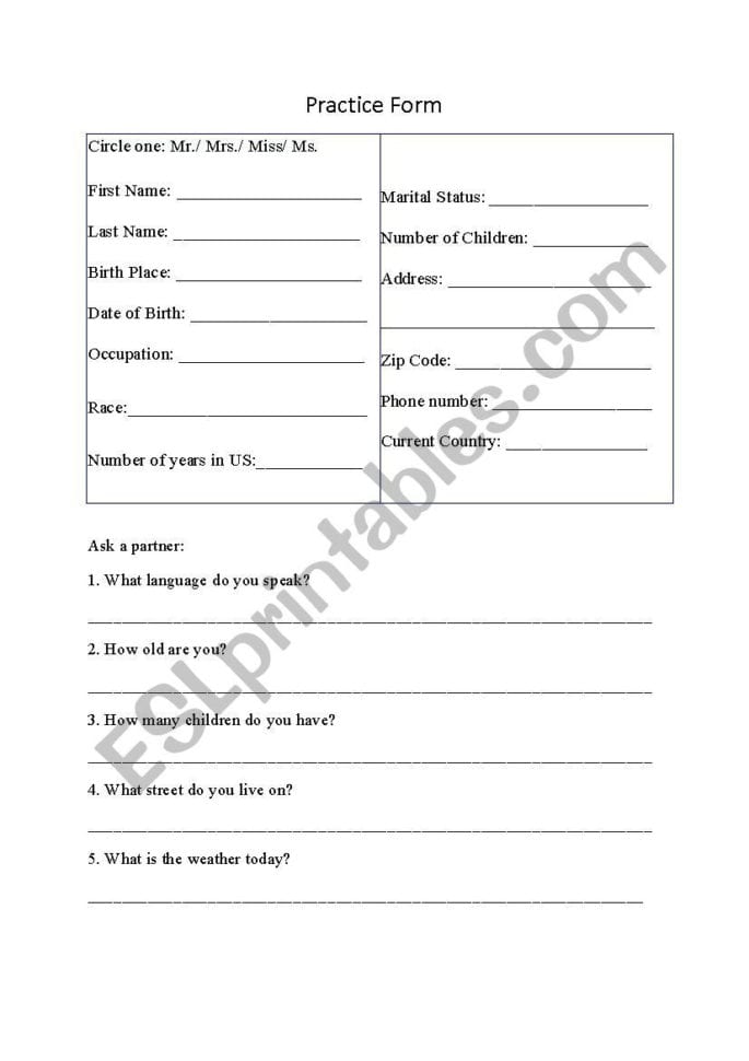 Practice Filling Out A Form  Esl Worksheetcks
