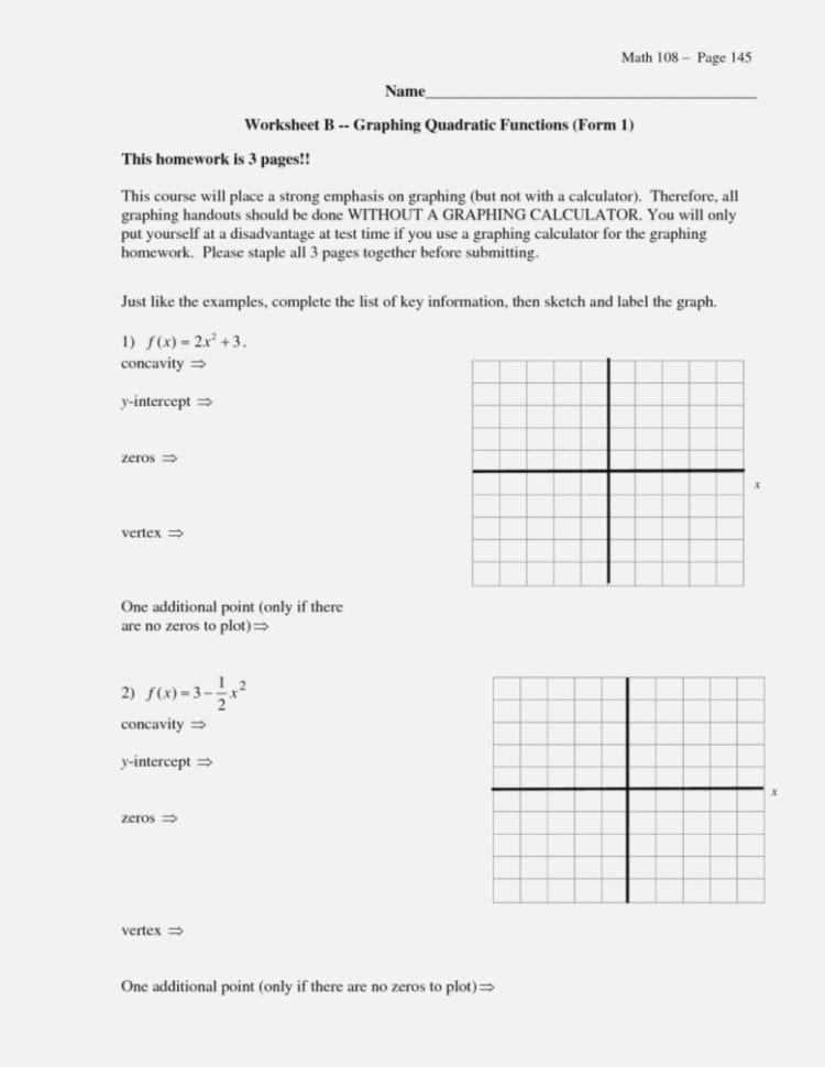 Practice Worksheet Graphing Quadratic Functions In Standard