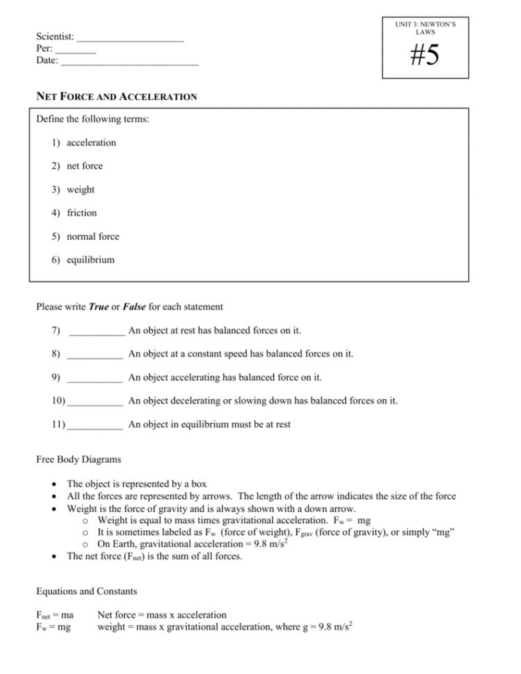 Practice Worksheet Net Forces And Acceleration
