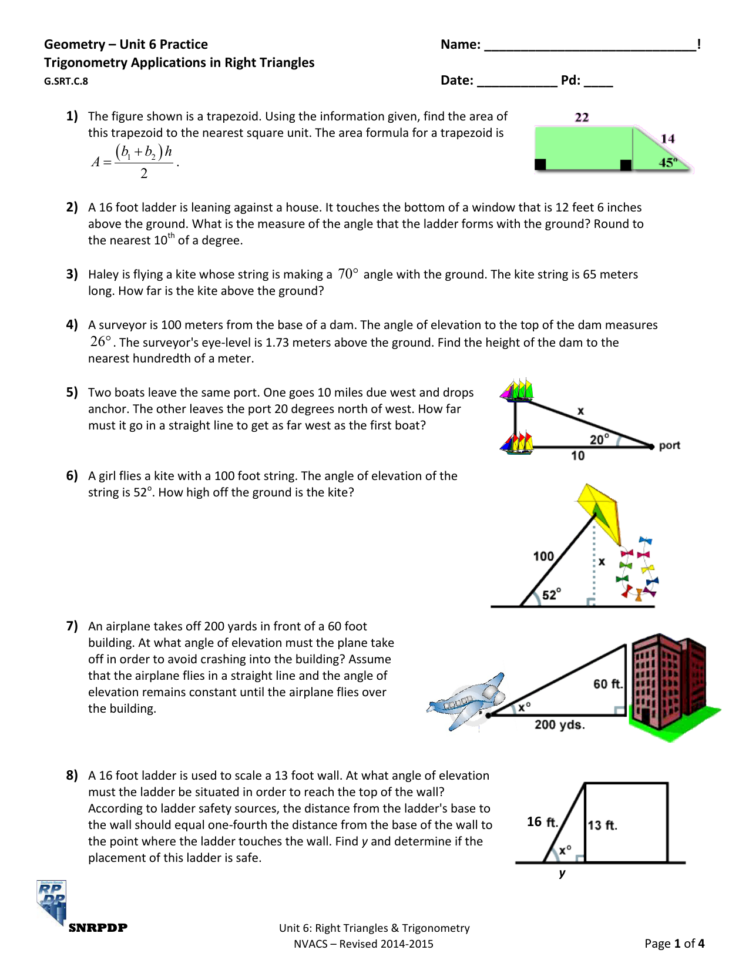 Practice Worksheet Right Triangle Trigonometry Answers