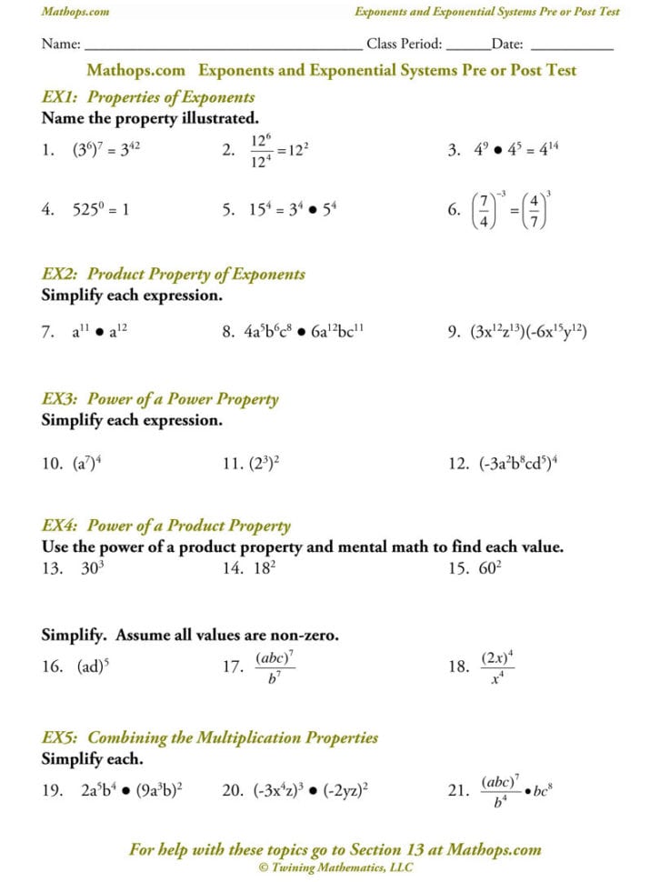 Pre Post Test Exponents And Exponential Systems  Mathops