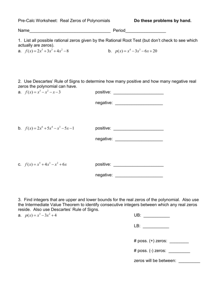 Precalc Worksheet Real Zeros Of Polynomials