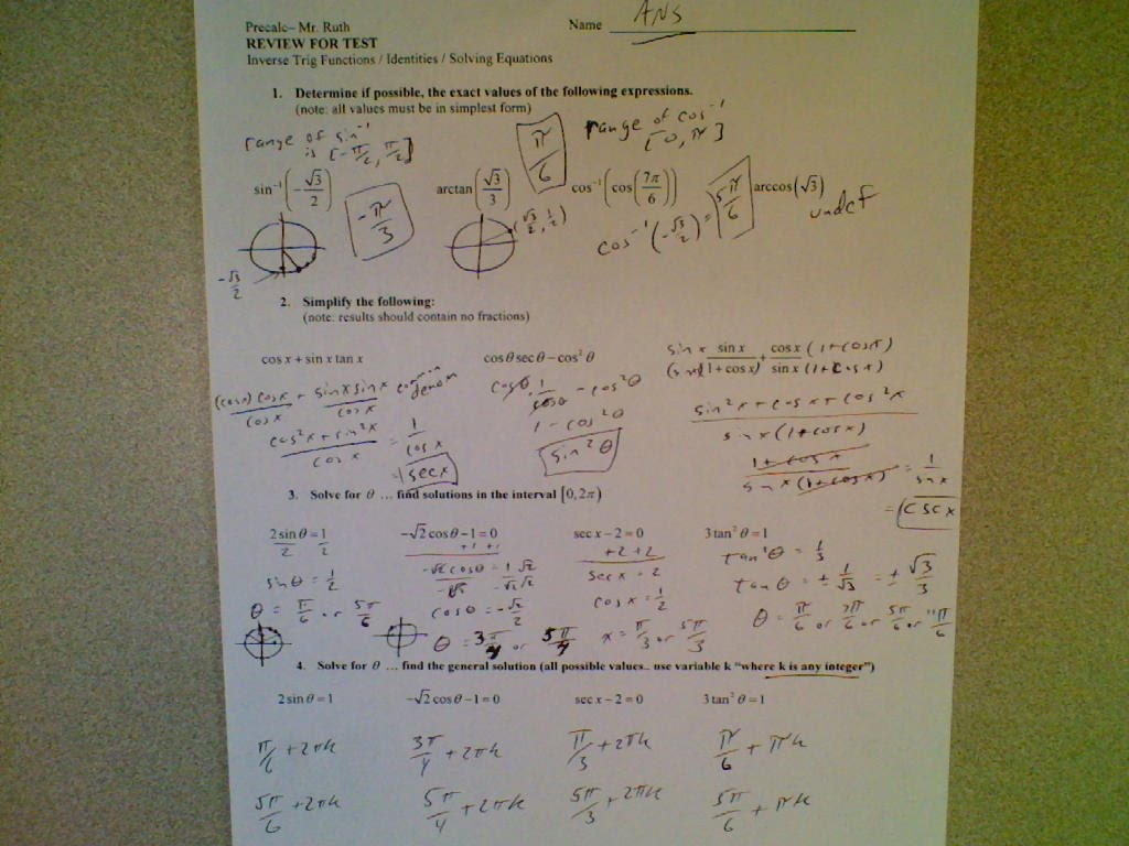 Precalculus Trig Day 2 Exact Values Worksheet Answers Mrruth