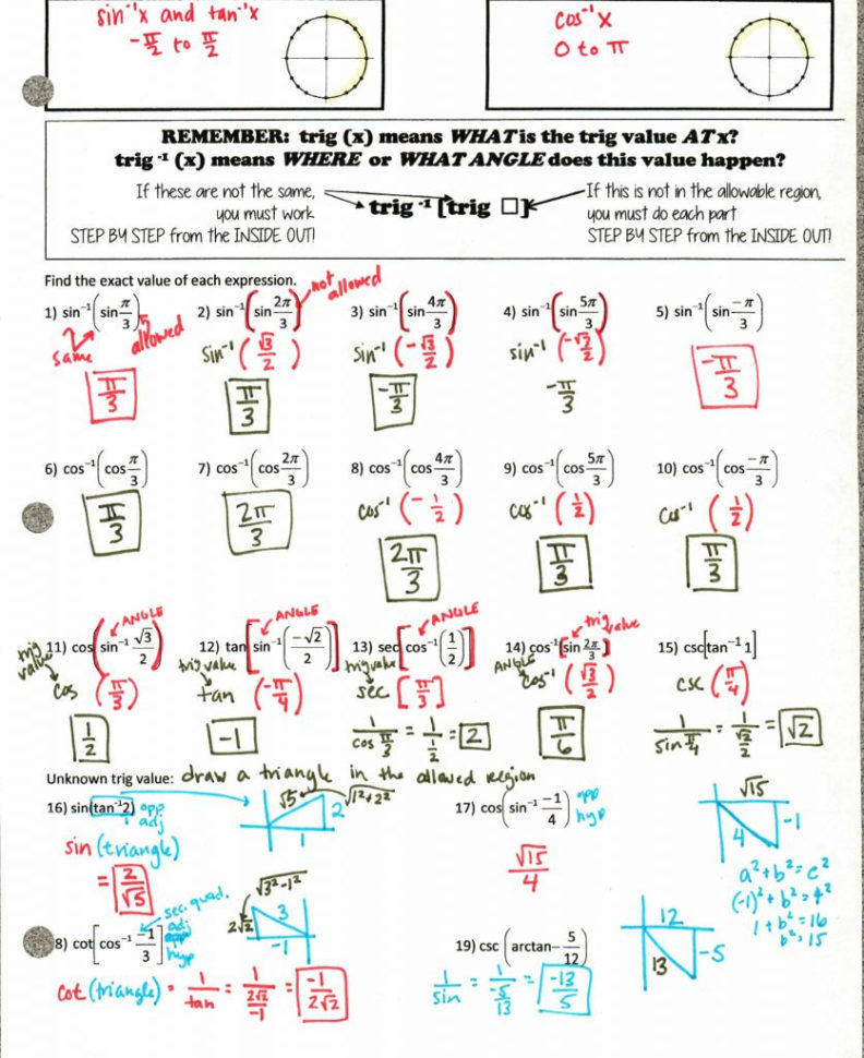 Precalculus Trig Day 2 Exact Values Worksheet Answers Precal