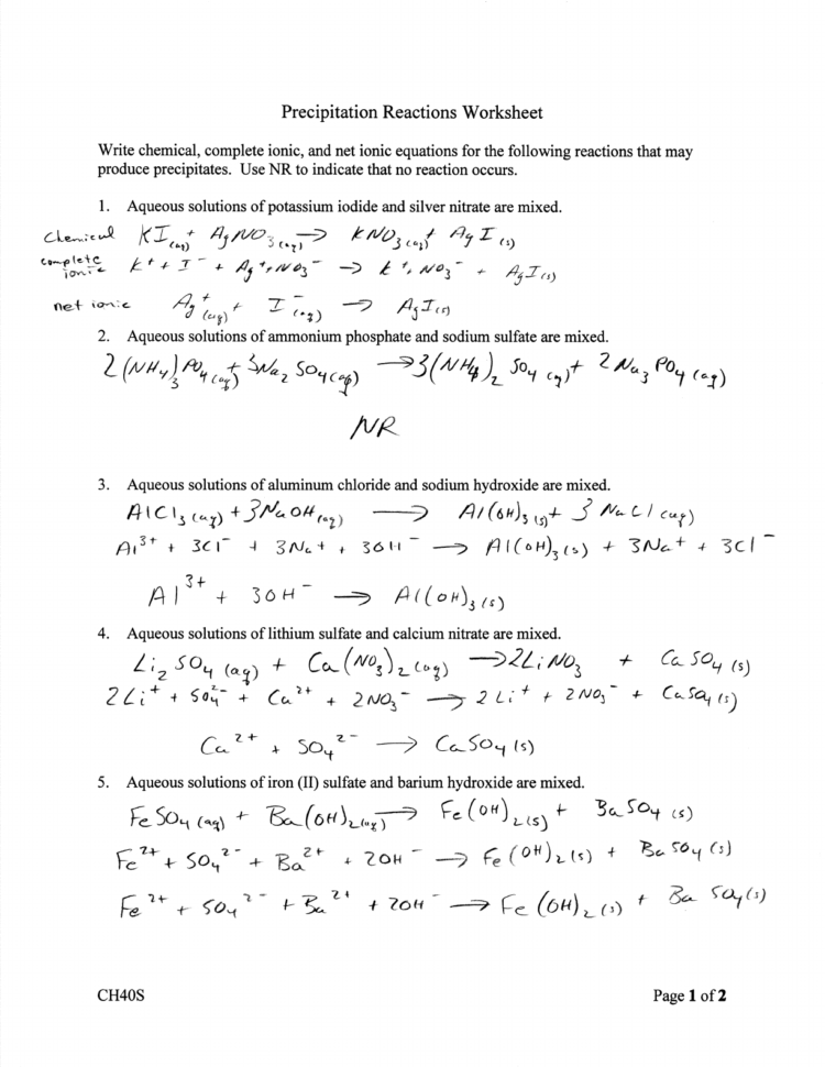 Precipitation Reactions Worksheet  Pc\ Reactions Worksheet
