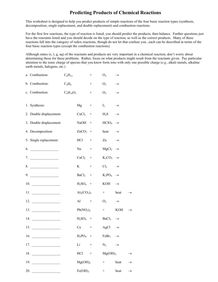 Predicting Products Of Chemical Reactions Worksheet — db-excel.com