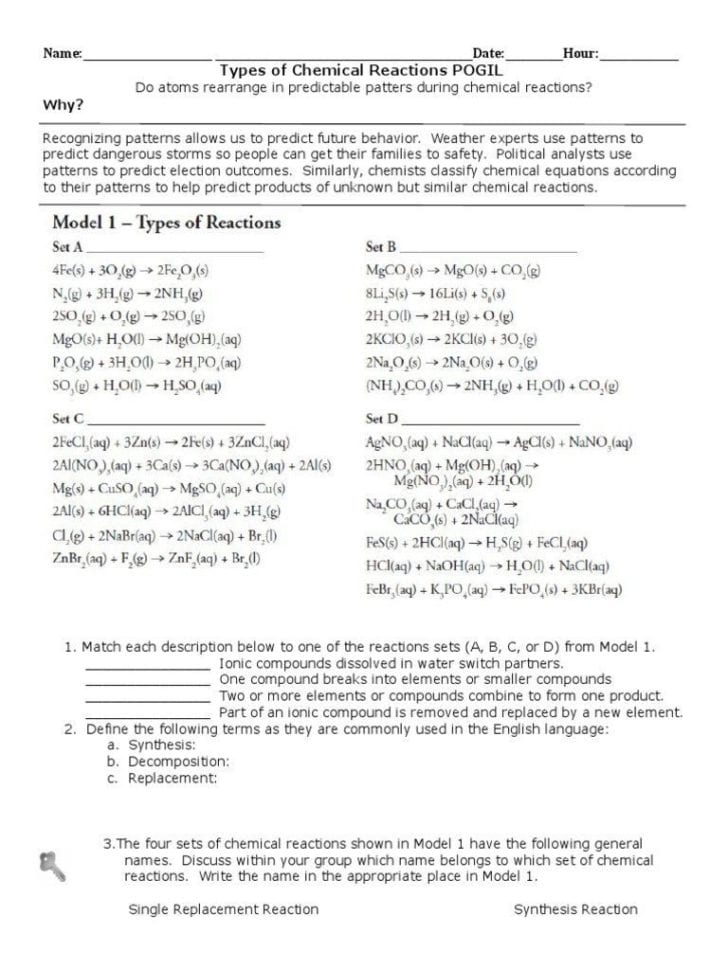 Predicting Products Of Chemical Reactions Worksheet Answers