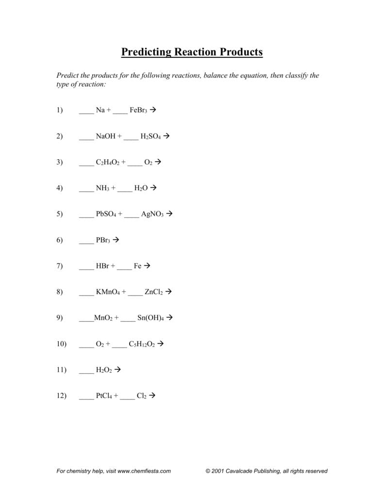 Predicting Reaction Products Worksheet