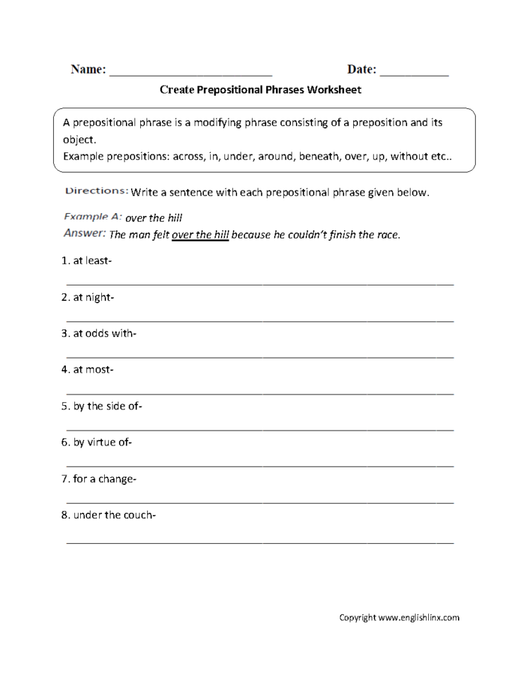 Prepositional Phrases Worksheets  Create Prepositional