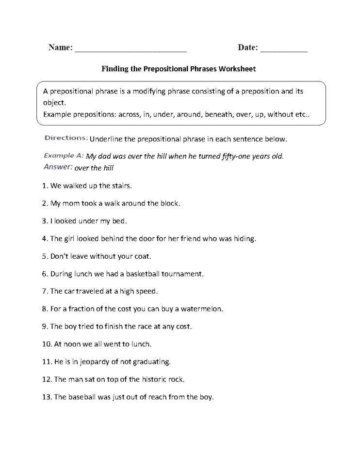 Prepositional Phrases Worksheets  Finding Prepositional