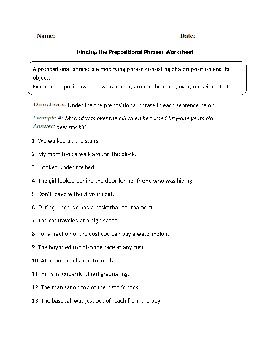 Prepositional Phrases Worksheets  Finding Prepositional