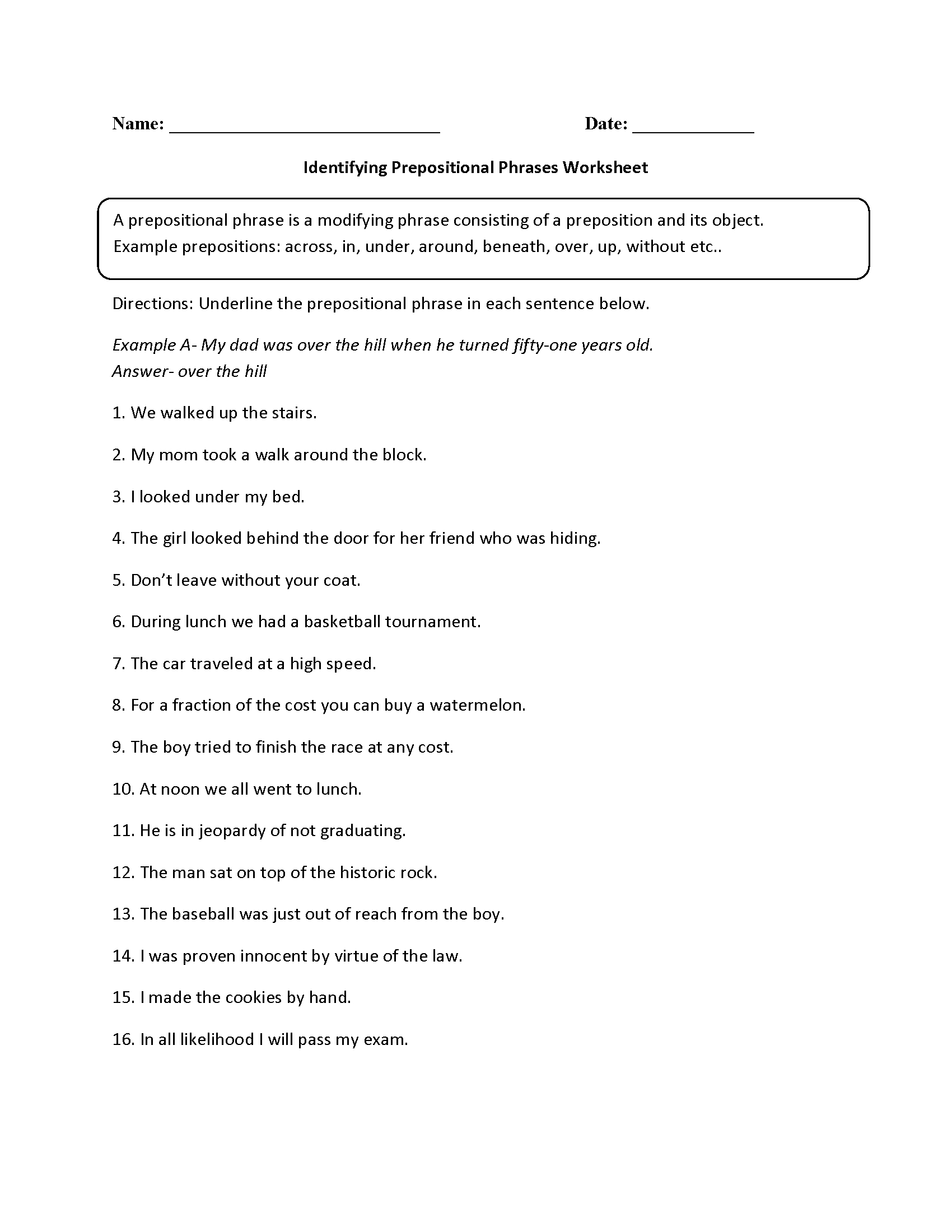Prepositional Phrases Worksheets  Identifying Prepositional