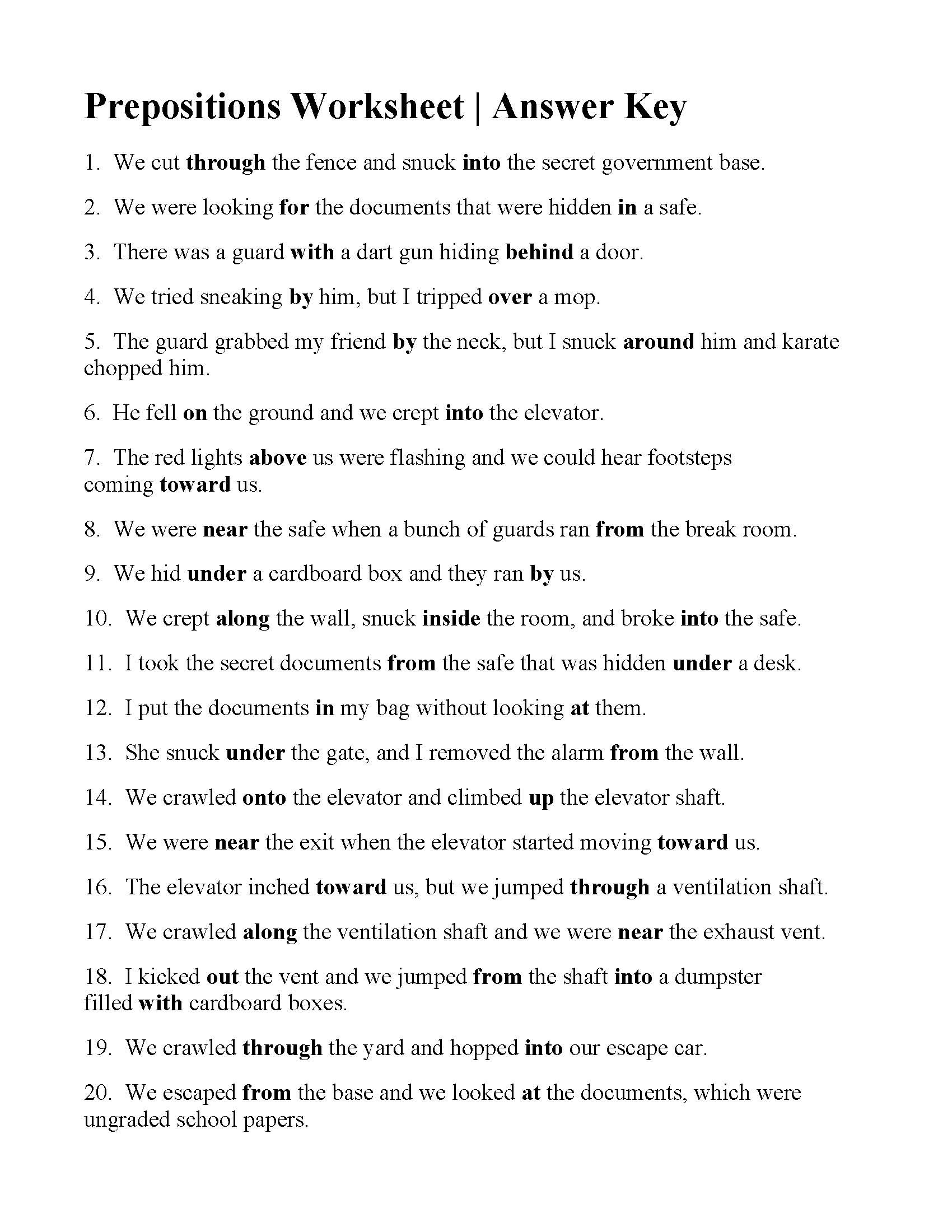 Prepositions Worksheet  Answers