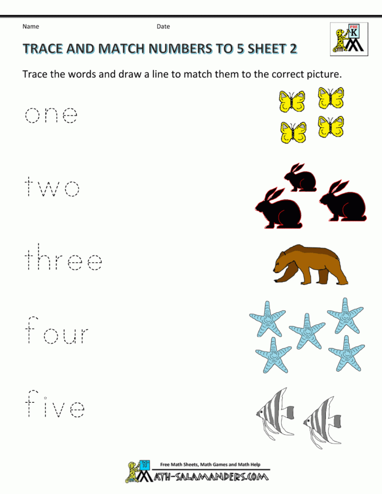 Preschool Math Worksheets  Matching To 5