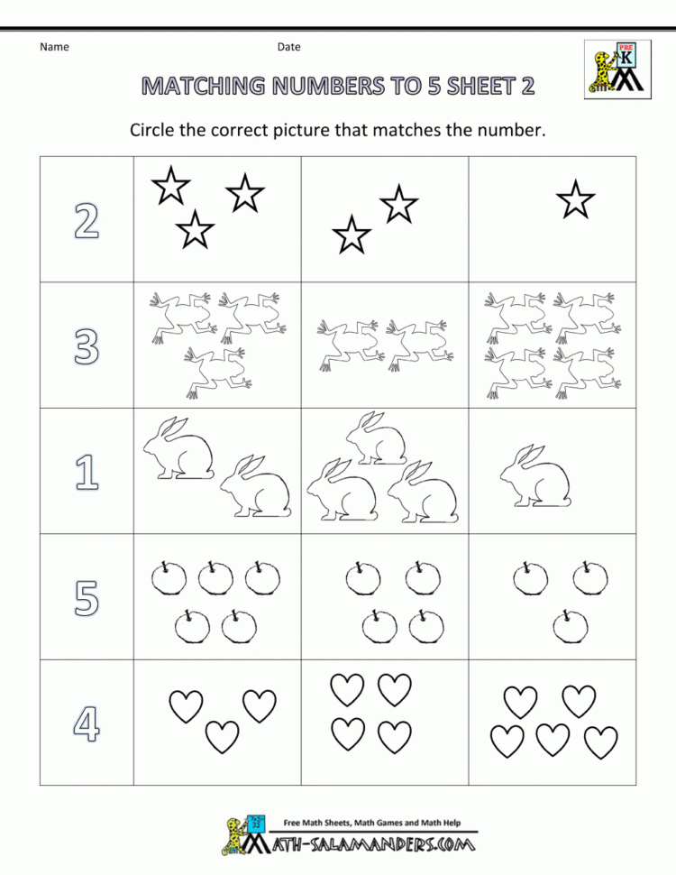 Preschool Math Worksheets  Matching To 5