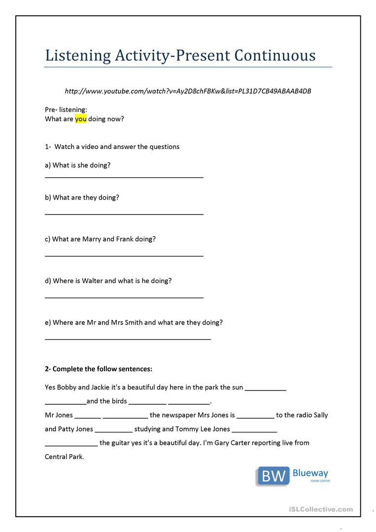 Present Continuous Listening Activity  English Esl Worksheets