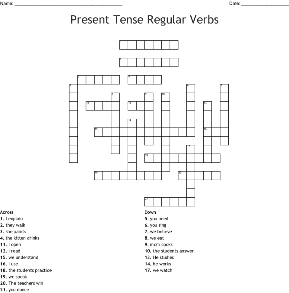 Present Tense Regular Verbs Crossword  Word