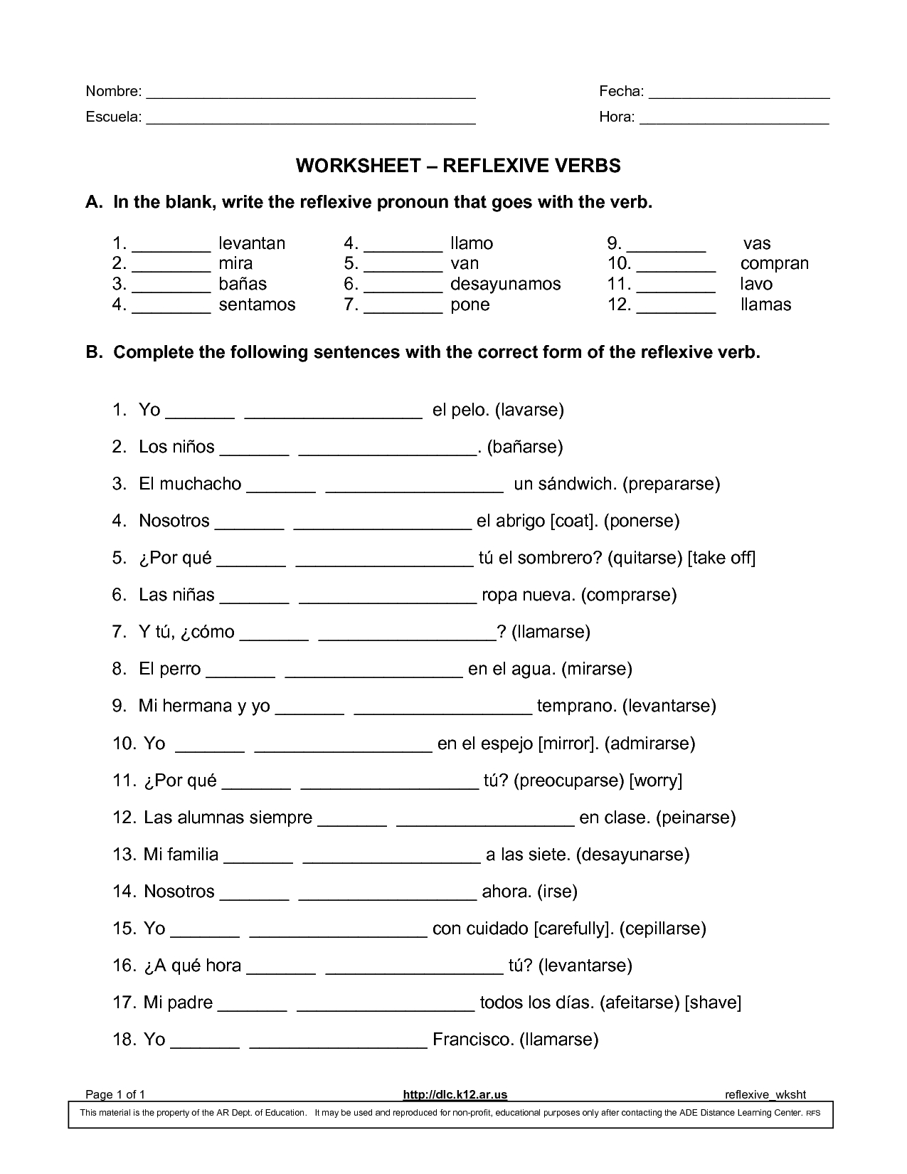 Spanish Worksheets For Middle School Verbs
