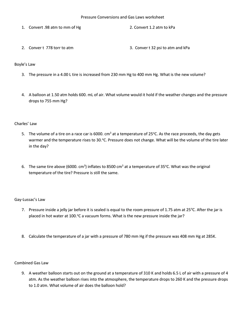 Pressure Conversions And Gas Laws Worksheet Convert 98 Atm To