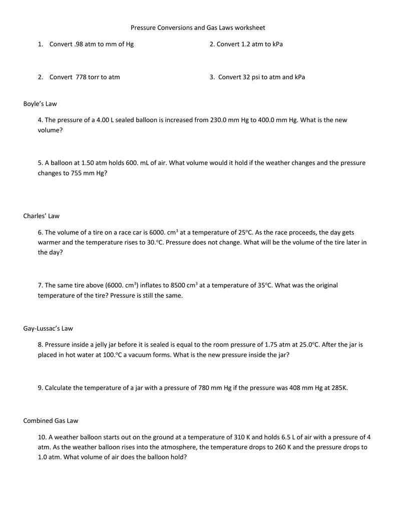 Pressure Conversions And Gas Laws Worksheet Convert 98 Atm To