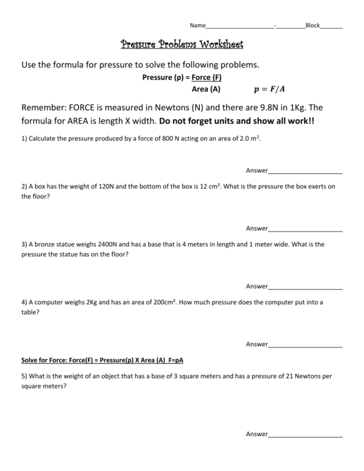 Pressure Problems Worksheet